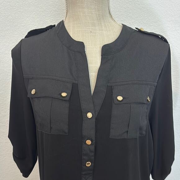 Carmen Marc Valvo Black Button-Down, Patch Pocket 3/4 Roll Sleeves  Top Size S/P - Picture 2 of 9